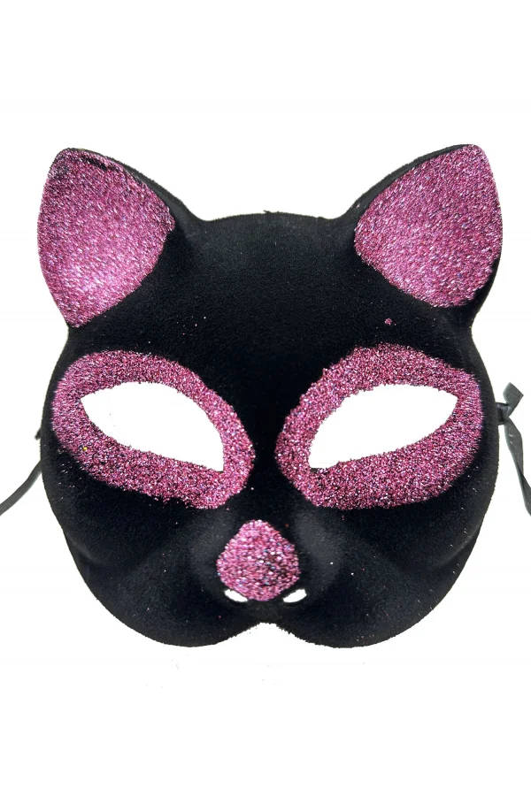 Siyah Renk Pembe Simli Kedi Maskesi