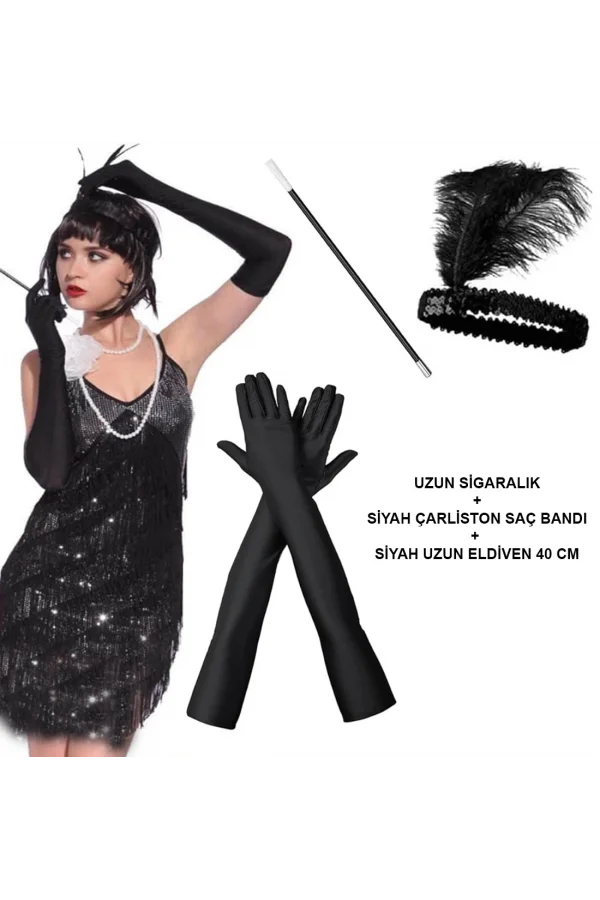 Siyah Retro Charliston Aksesuar Seti