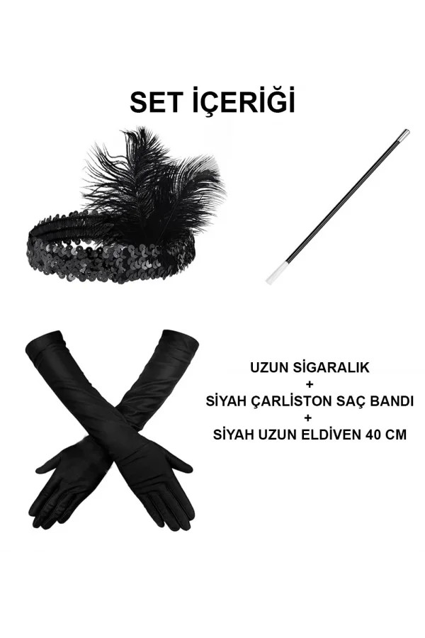 Siyah Retro Charliston Aksesuar Seti