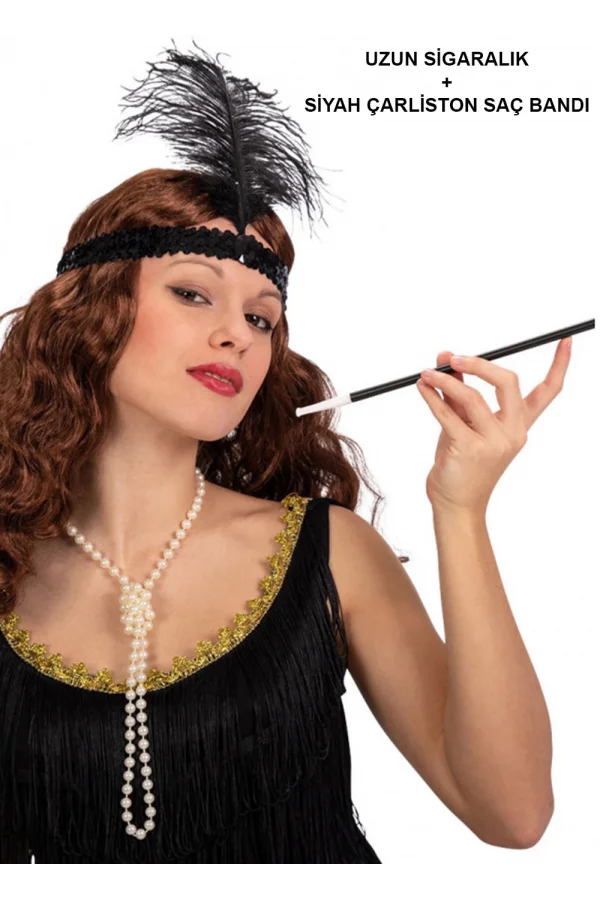 Siyah Retro Charliston Saç Bandı & Sigaralık