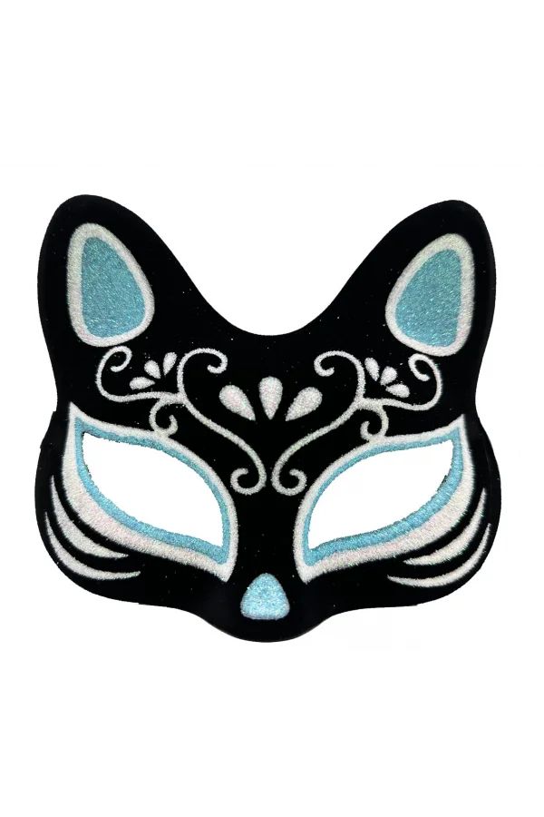 Siyah Süet Gümüş Mavi Simli Kedi Maskesi
