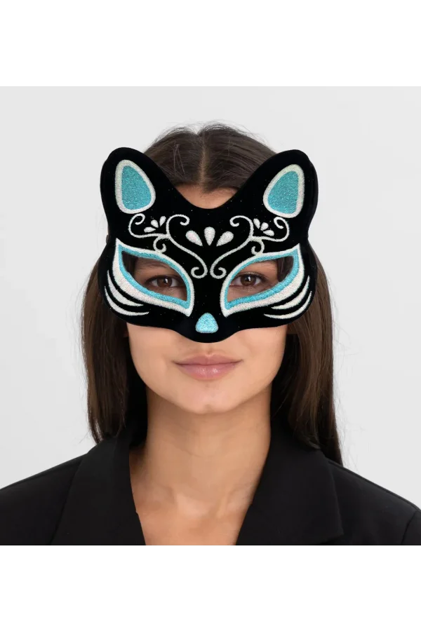 Siyah Süet Gümüş Mavi Simli Kedi Maskesi
