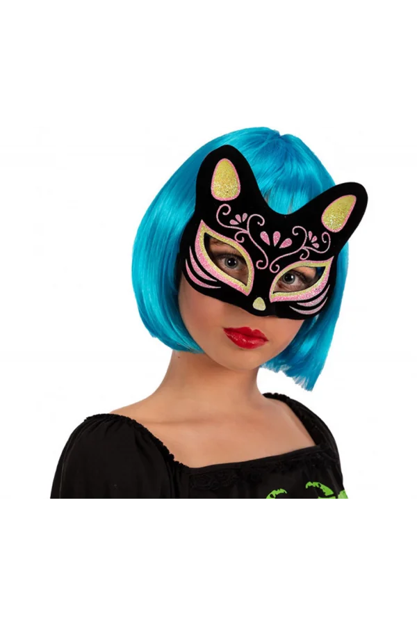 Siyah Süet Sarı Pembe Simli Kedi Maskesi