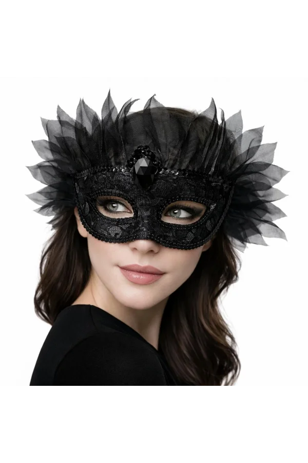 Siyah Taşlı Venedik Lüks Tüllü Parti Maskesi