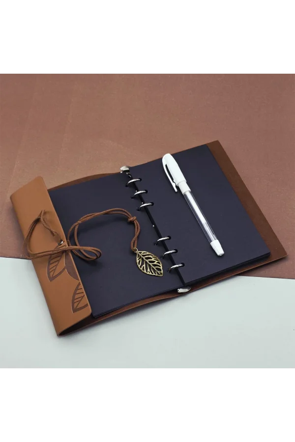 Siyah Yapraklı Deri Defter Ve Beyaz Jel Kalem Seti