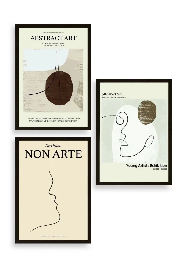 Soyut Sanat Üçlü Ahşap Çerçeveli Tablo