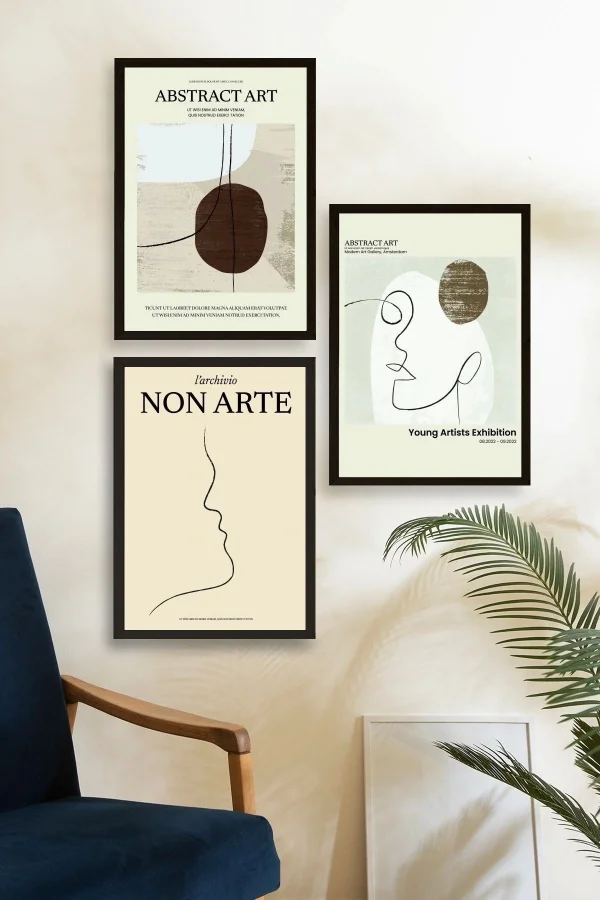 Soyut Sanat Üçlü Ahşap Çerçeveli Tablo