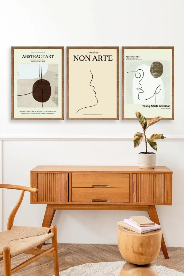 Soyut Sanat Üçlü Ahşap Çerçeveli Tablo