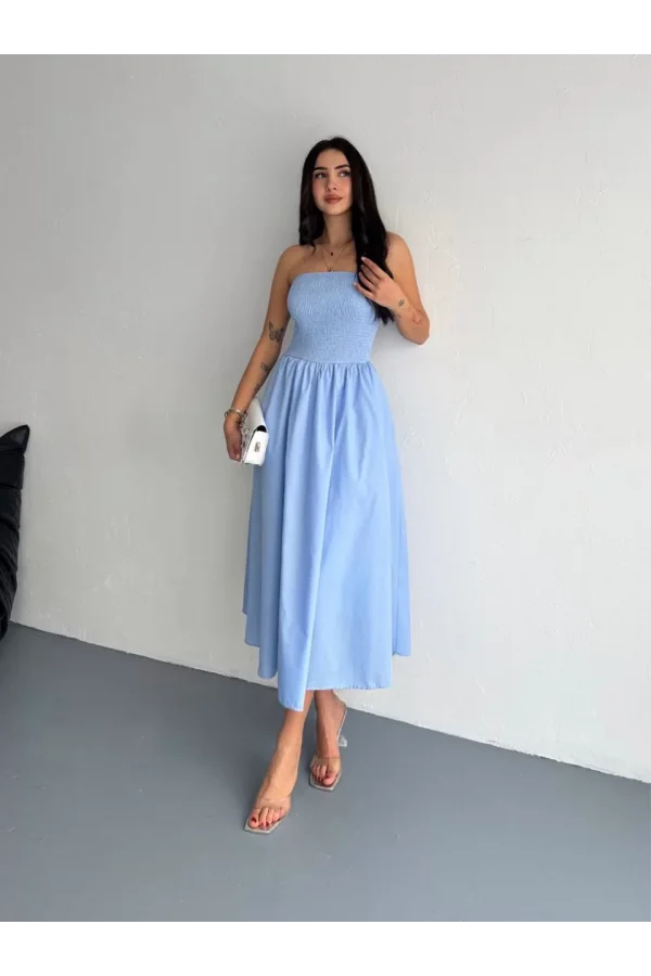 Straplez Pileli Elbise - Açık Mavi