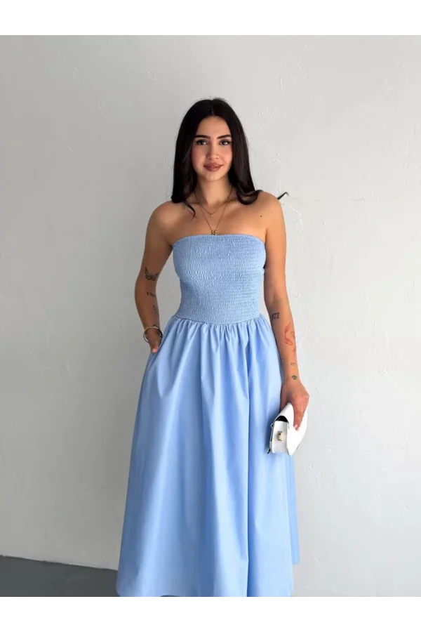 Straplez Pileli Elbise - Açık Mavi