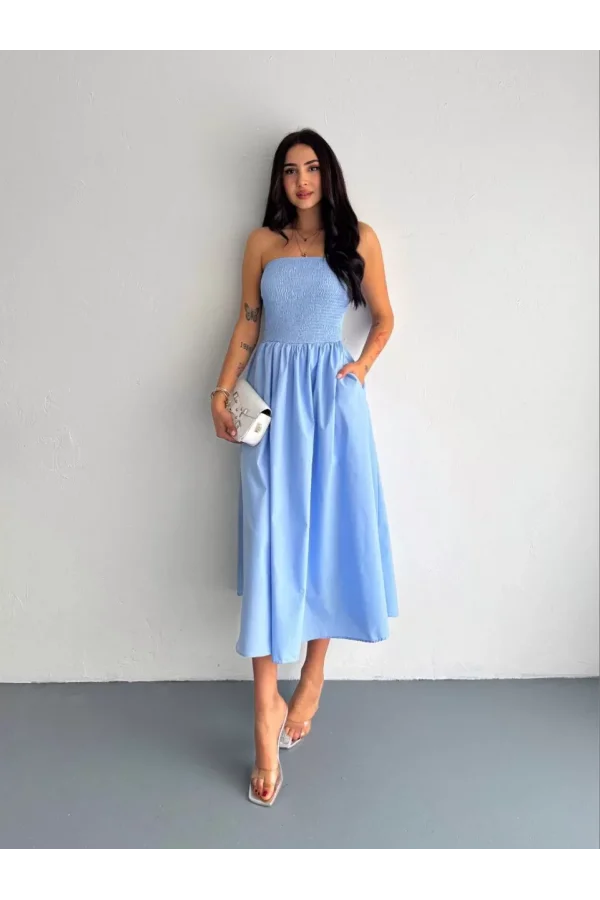 Straplez Pileli Elbise - Açık Mavi