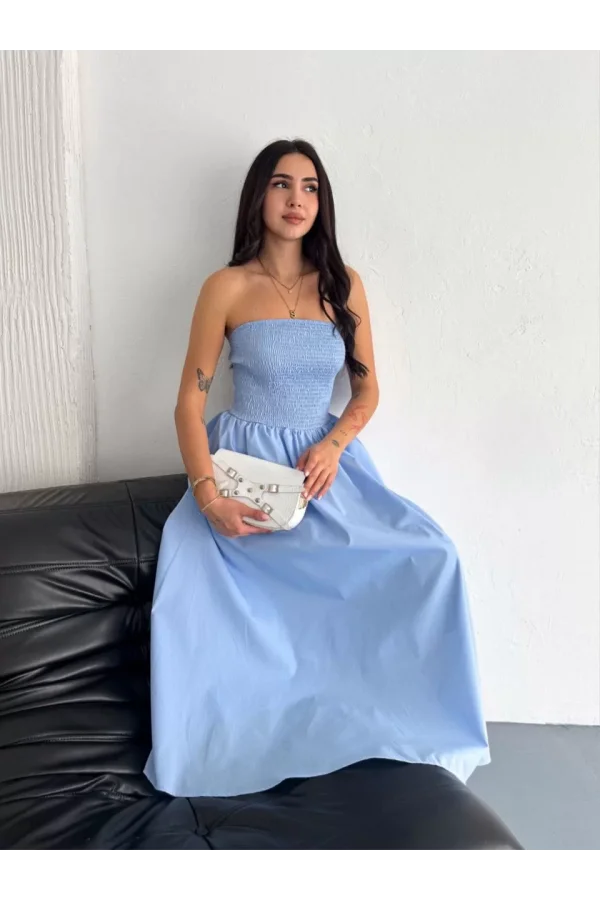 Straplez Pileli Elbise - Açık Mavi