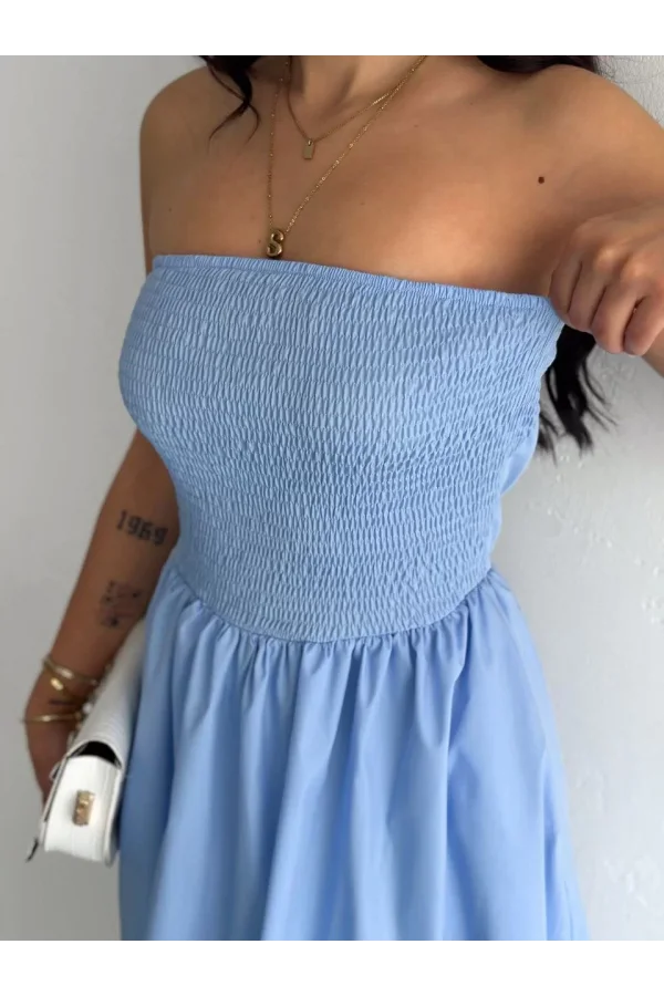 Straplez Pileli Elbise - Açık Mavi