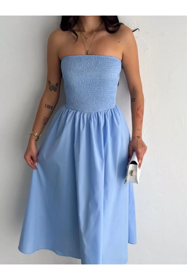 Straplez Pileli Elbise - Açık Mavi