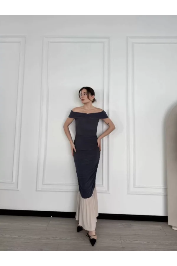 Striptiz Omuzlu Uzun Elbise- Füme