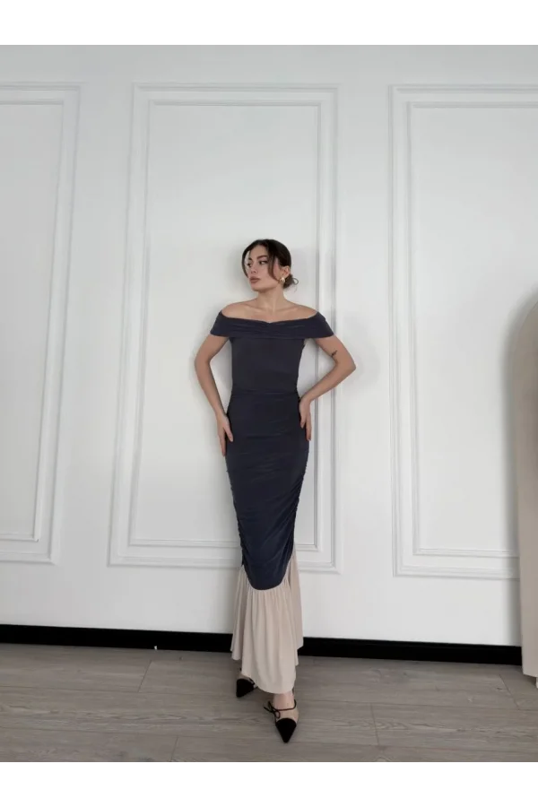 Striptiz Omuzlu Uzun Elbise- Füme