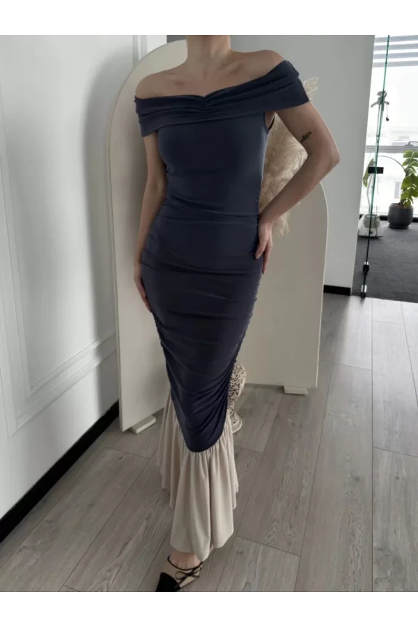 Striptiz Omuzlu Uzun Elbise- Füme