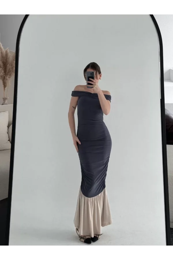 Striptiz Omuzlu Uzun Elbise- Füme
