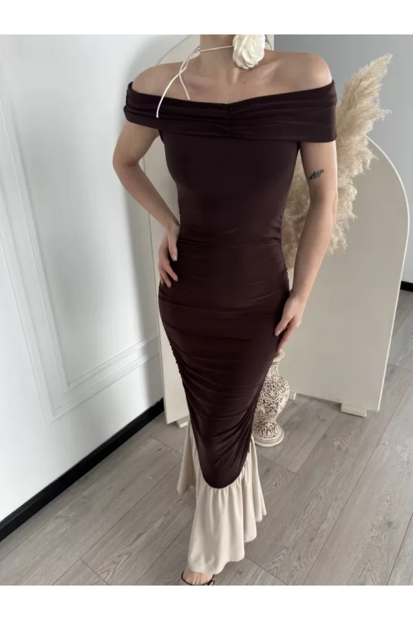 Striptiz Omuzlu Uzun Elbise- Kahve