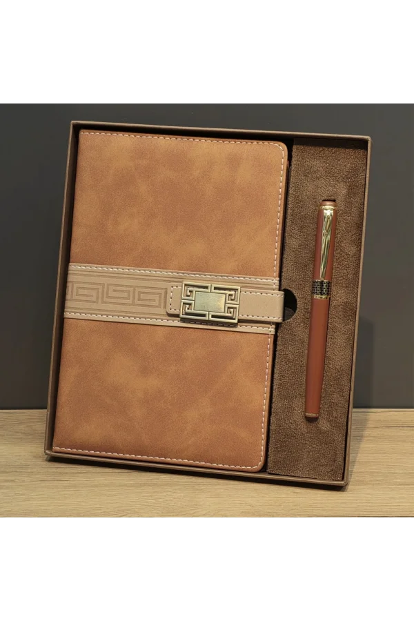 Taba Rengi Termo Deri Defter Ve Metal Roller Kalem Seti