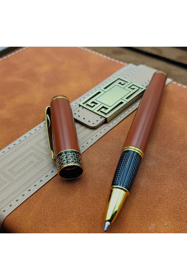 Taba Rengi Termo Deri Defter Ve Metal Roller Kalem Seti
