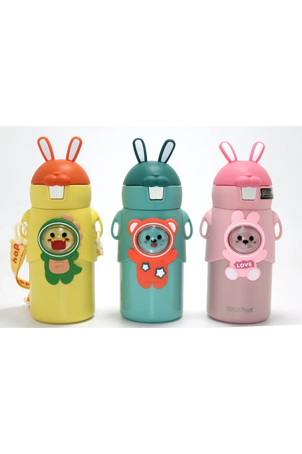 Tavşan Kulaklı Sevimli Ayı Figürlü Çelik Termos