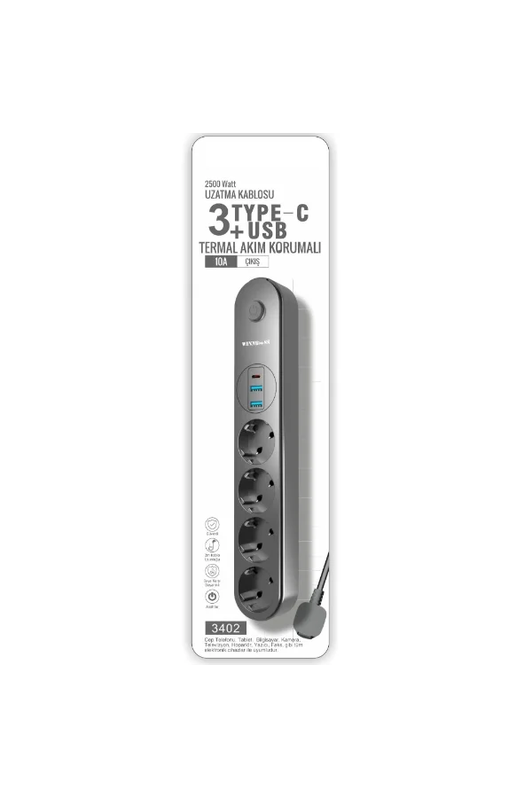 Termal Akım Korumalı 4 Prizli USB Girişli Uzatma Kablosu