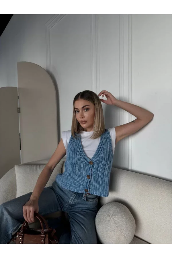 Triko Kolsuz Düğmeli Yelek - Mavi