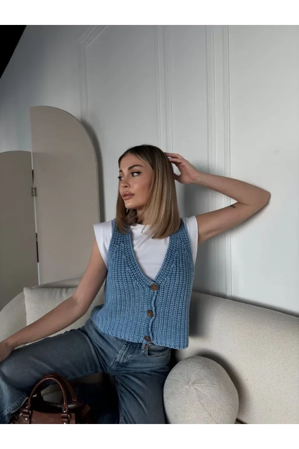 Triko Kolsuz Düğmeli Yelek - Mavi