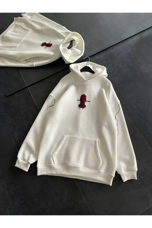 Üç İplik Kapüşonlu Baskılı Oversize SweatShirt- Beyaz