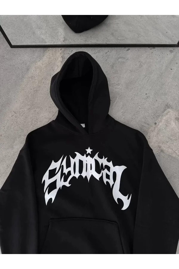 Üç İplik Kapüşonlu Baskılı Oversize SweatShirt- Siyah