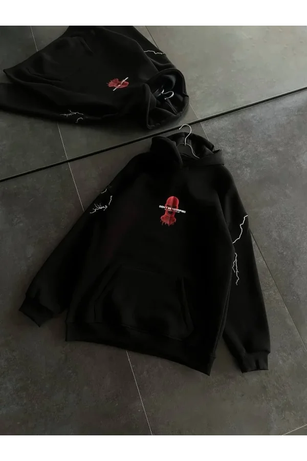 Üç İplik Kapüşonlu Baskılı Oversize SweatShirt- Siyah