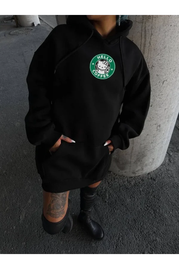 Üç İplik Penye Uzun Kol Kapüşonlu SweatShirt - Siyah