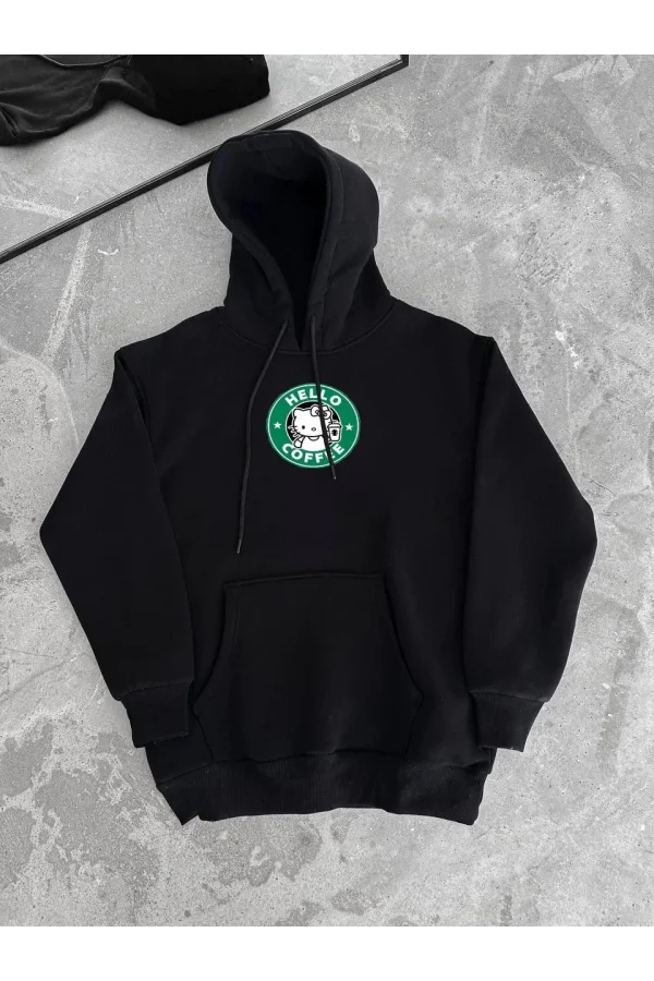 Üç İplik Penye Uzun Kol Kapüşonlu SweatShirt - Siyah