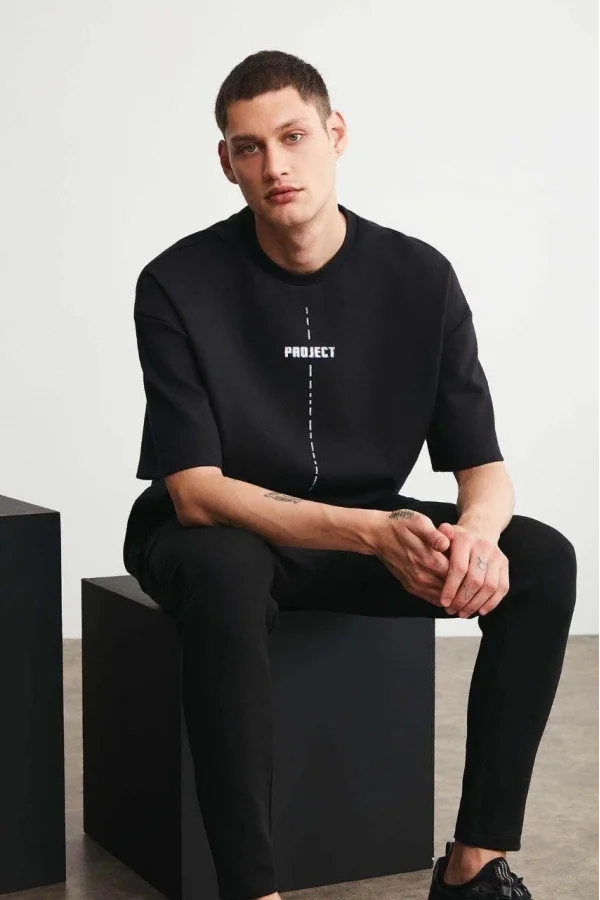 Unisex Baskılı Oversize Kısa kol  T-Shirt - Siyah