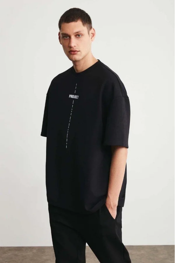 Unisex Baskılı Oversize Kısa kol  T-Shirt - Siyah