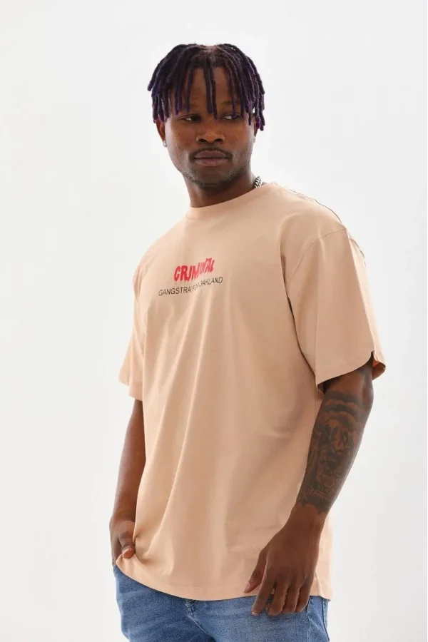 Unisex Baskılı Oversize T-Shirt - Bej