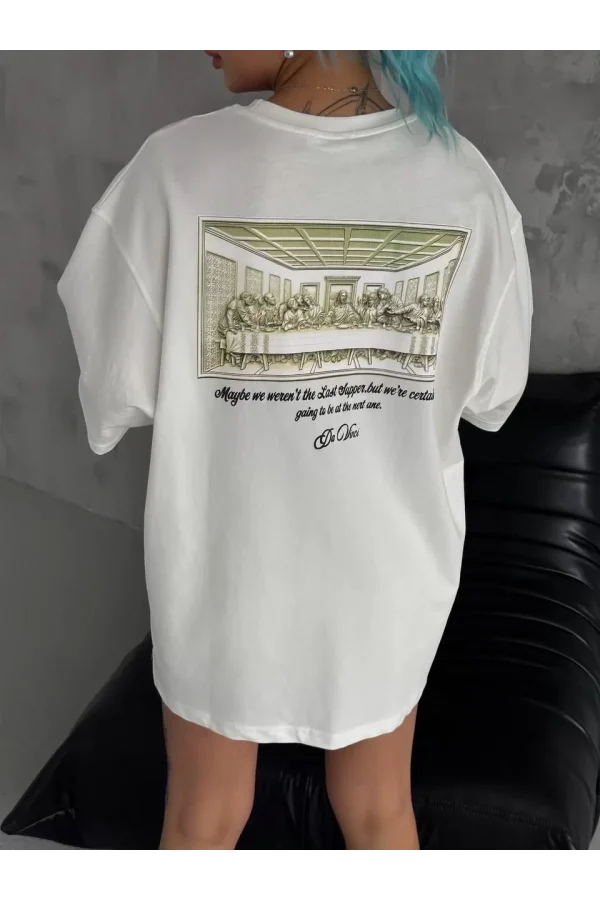 Unisex Baskılı Oversize T-Shirt - Beyaz