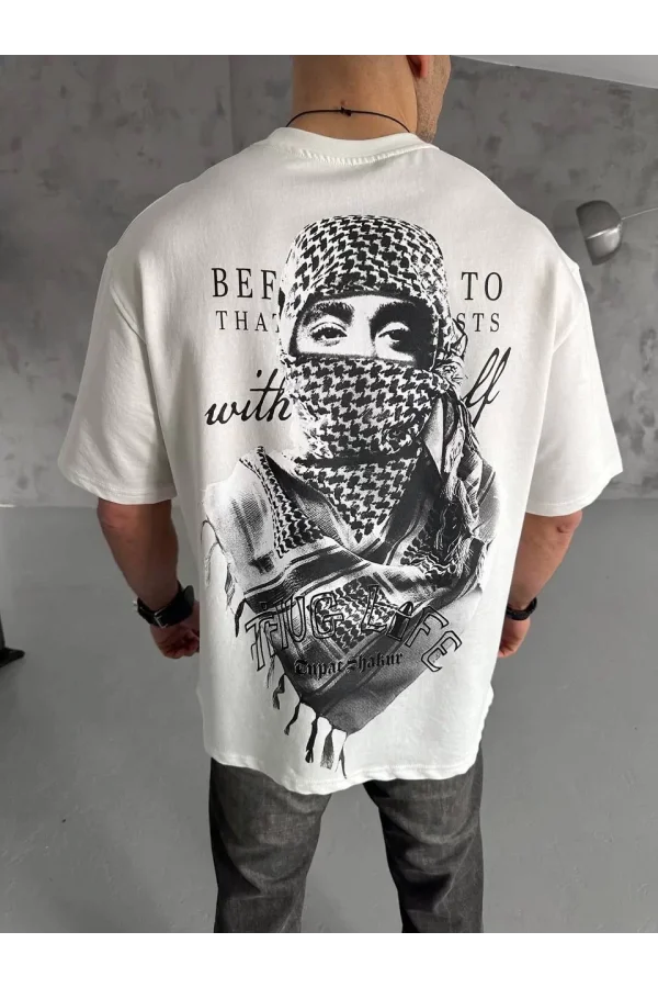 Unisex Baskılı Oversize T-Shirt - Beyaz