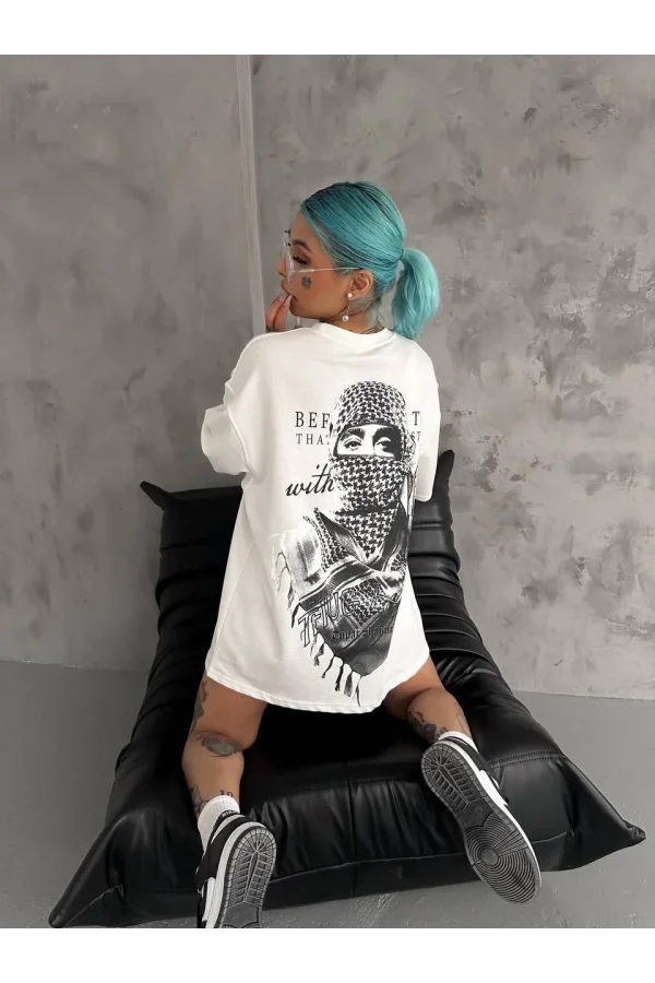Unisex Baskılı Oversize T-Shirt - Beyaz