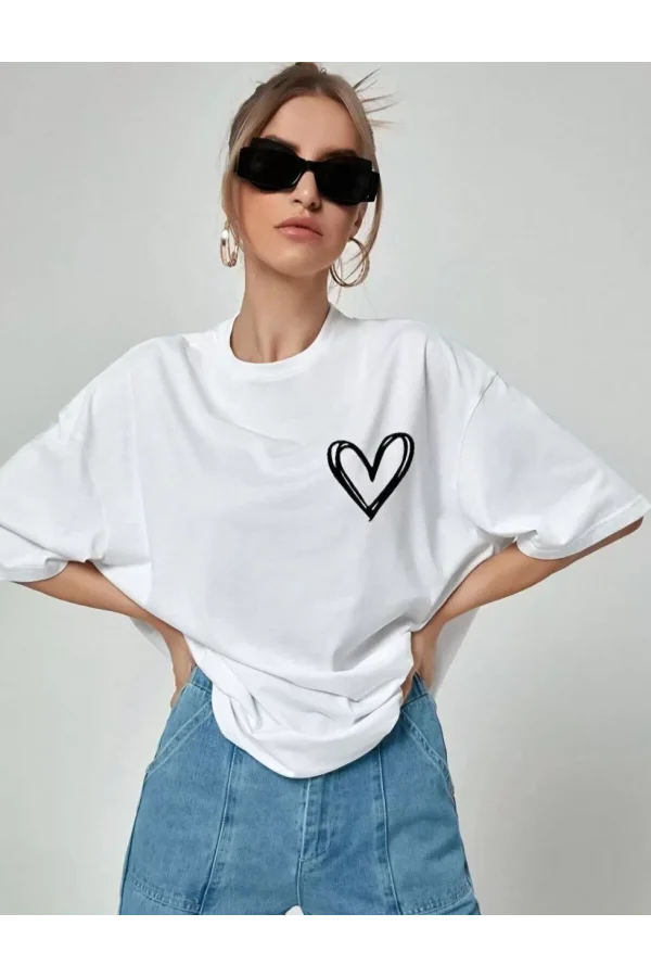 Unisex Baskılı Oversize T-Shirt - Beyaz