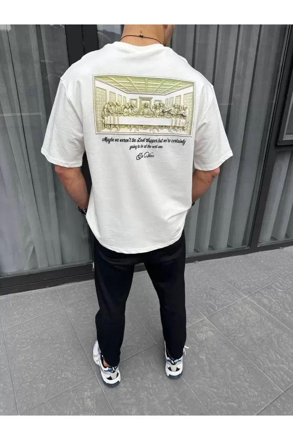 Unisex Baskılı Oversize T-Shirt - Beyaz