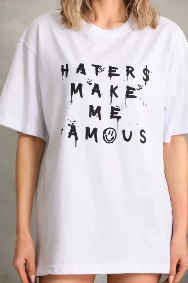 Unisex Baskılı Oversize T-Shirt - Beyaz
