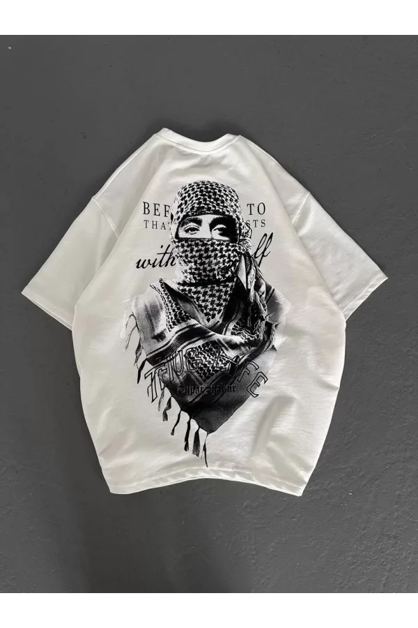 Unisex Baskılı Oversize T-Shirt - Beyaz