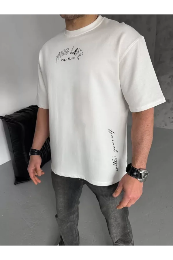 Unisex Baskılı Oversize T-Shirt - Beyaz