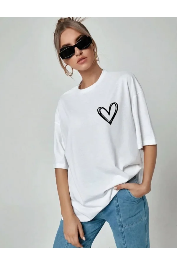 Unisex Baskılı Oversize T-Shirt - Beyaz