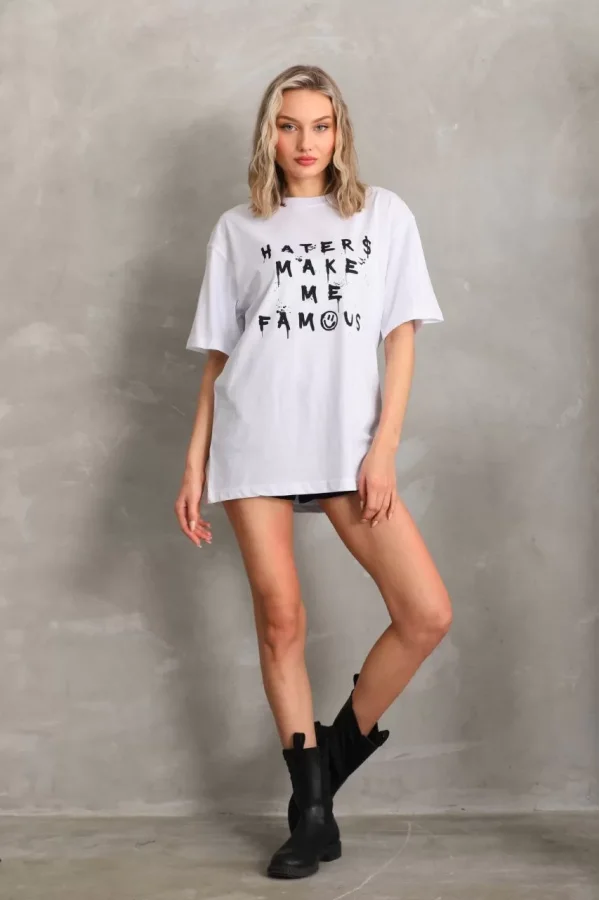 Unisex Baskılı Oversize T-Shirt - Beyaz