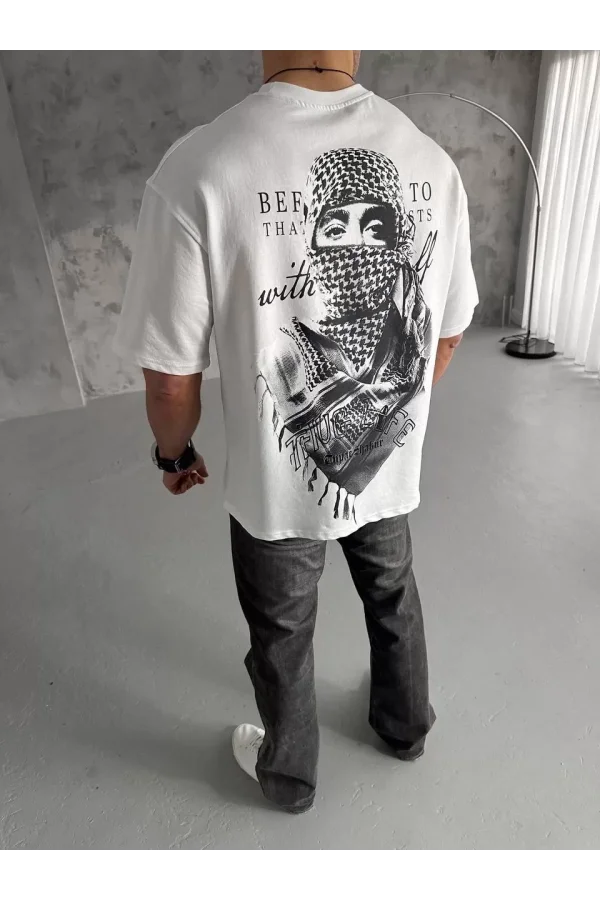 Unisex Baskılı Oversize T-Shirt - Beyaz