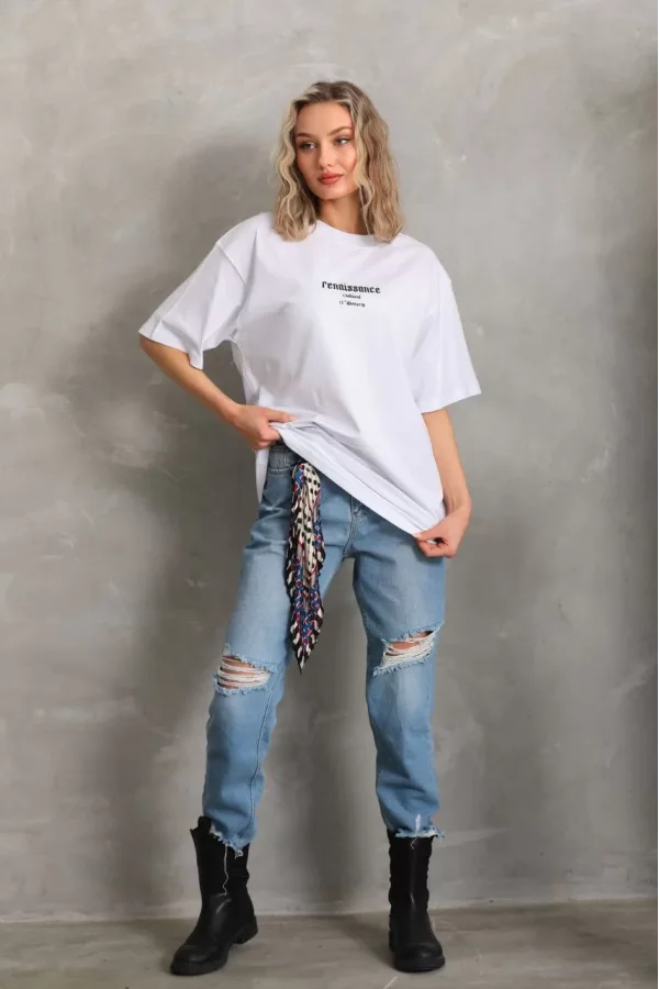 Unisex Baskılı Oversize T-Shirt - Beyaz