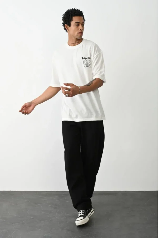 Unisex Baskılı Oversize T-Shirt - Beyaz